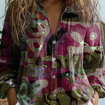 Abstract Shape And Line Pattern Printed Women's Casual Long Sleeve Comfortable Cotton Shirt