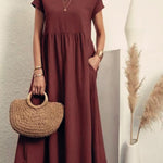 Women's Solid Color Cotton Linen Round Neck A-Line Dress