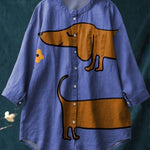 Cute Dachshund Floral Art Print Cotton and Linen Long Sleeve Shirt