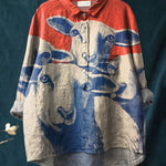 Women's Vintage Hand-Painted Lambs Print Casual Cotton And Linen Shirt