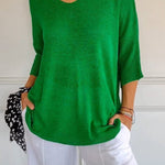 Women's Solid Color Knitted 3/4 Sleeve V-neck Top