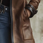 Women's Vintage Contrast Collar Faux Leather Jacket