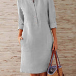 Spring Cotton And Linen Round Neck Long Sleeve Dress