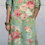 Women's Vintage Floral Art Printed Casual Comfortable Linen Pocket Dress