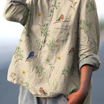 Boughs And Robin Birds Pattern Printed Women's Casual Cotton And Linen Shirt