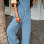 Women's Casual Solid Colour Square Neck Jumpsuit With Pockets