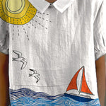 Sailing Little Boat Art Printed Women's Casual Cotton And Linen Shirt