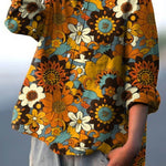 Women's Vintage Lovely Flowers Art Print Casual Cotton And Linen Shirt