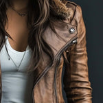 Women's Vintage Fur Collar Zipper Faux Leather Coat
