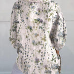 Women's Blue Green Watercolor Elegant Small Flower Floral Print Casual Linen V-neck Shirt