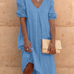 Cotton And Linen Solid Color Long Sleeve Casual Midi Dress