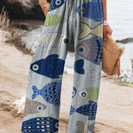 Women's Vintage Lovely Fish Art Printed Cotton And Linen Casual Pants