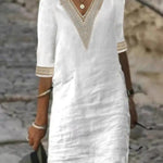 V-neck Mid-sleeved Cotton and Linen Casual Dress