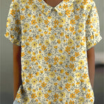 Sweet Yellow Floral Pattern Printed Women's Casual Cotton And Linen Shirt