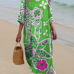 Women's Vintage Green Floral Print Pocket Cotton Dress