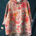 Romantic Watercolor Rose Printed Women's Casual Cotton And Linen Shirt