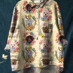 Vintage Lovely Floral Dogs Art Print Casual Cotton And Linen Shirt