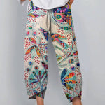 Women's Vintage Lovely Floral Bird Art Printed Cotton And Linen Casual Pants