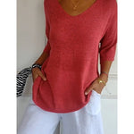 Women's Solid Color Knitted 3/4 Sleeve V-neck Top