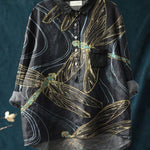 Line Drawing Dragonfly Decorative Pattern Casual Cotton And Linen Shirt