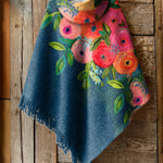 Women's Flower Art Print Casual Knitted Blanket Poncho Hood Cape