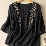 Embroidery Cotton And Linen Mid Sleeve Blouse