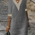 V-neck Mid-sleeved Cotton and Linen Casual Dress