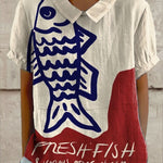 Women's Vintage Fish Art Print Casual Cotton And Linen Shirt