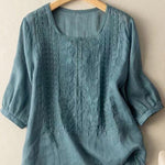 Women's Mid Sleeve Cotton And Linen Embroidery Blouse