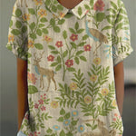 Women's Vintage Floral Animals Art Print Casual Cotton And Linen Shirt