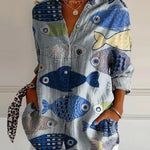 Women's Vintage Lovely Fish Art Print Casual Cotton Shirt