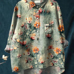 Women's Retro Green Floral Print Casual Cotton And Linen Shirt