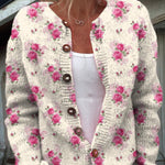 Watercolor French Rose Repeat Pattern Print Buttoned Cardigan Sweater