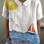 Sailing Little Boat Art Printed Women's Casual Cotton And Linen Shirt
