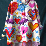 Heart Art Printed Women's Casual Cotton And Linen Shirt