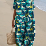 Blue Poppy Floral Pattern Printed Women's Flowy Dress