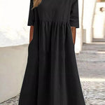 5-quarter Sleeve Casual Loose Solid Color Cotton and Linen Dress