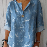 Spring Woodland Rabbit Repeat Pattern Printed Women's Casual Cotton Linen Shirt
