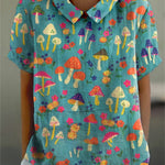 Women's Mushroom Art Print Casual Cotton And Linen Shirt
