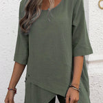 Cotton and linen crewneck irregular shirt top