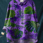 Decorative Pattern of Large Leaves On Purple Background Casual Cotton And Linen Shirt