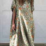 Women's Lovely Floral Art Print Linen Cotton Buttons Dress