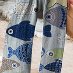 Women's Vintage Lovely Fish Art Printed Cotton And Linen Casual Pants
