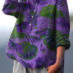 Decorative Pattern of Large Leaves On Purple Background Casual Cotton And Linen Shirt