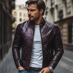 Men's Fashion Leopard Print Stand Collar Zipper Slim Fit Leather Jacket