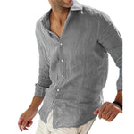 Men's Casual Solid Color Cotton Linen Lapel Collar Breathable Long Sleeve Shirt