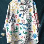 Cute Kid Drawing Art Printed Women's Casual Cotton And Linen Shirt