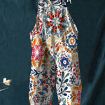 Women's Vintage Lovely Floral Art Print Casual 100% Cotton Wide Leg Jumpsuit