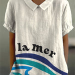 Simple Sea Letter And Graphic Printed Women's Casual Cotton And Linen Shirt