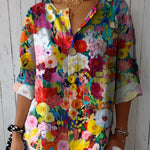 Women's Vintage Lovely Floral Art Print Casual Cotton Linen Shirt